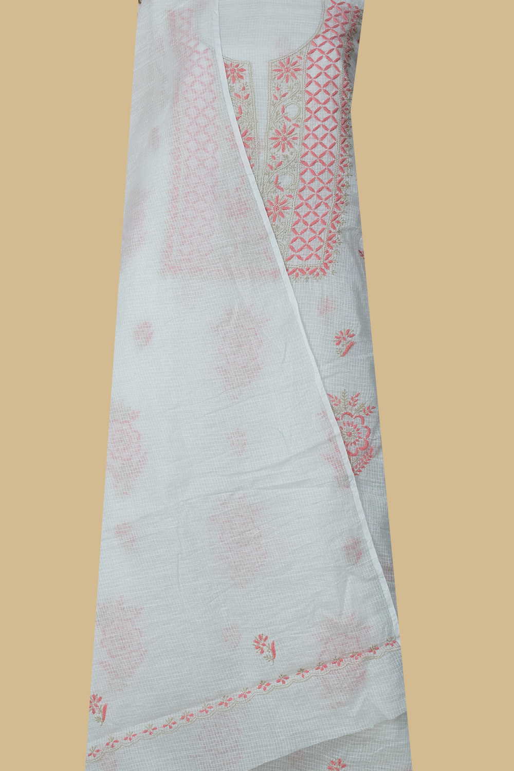 Frost Cream Chikankari Kota Cotton Top & Dupatta