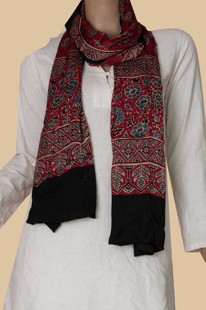 Maroon with Florets Ajrak Modal Silk Stole