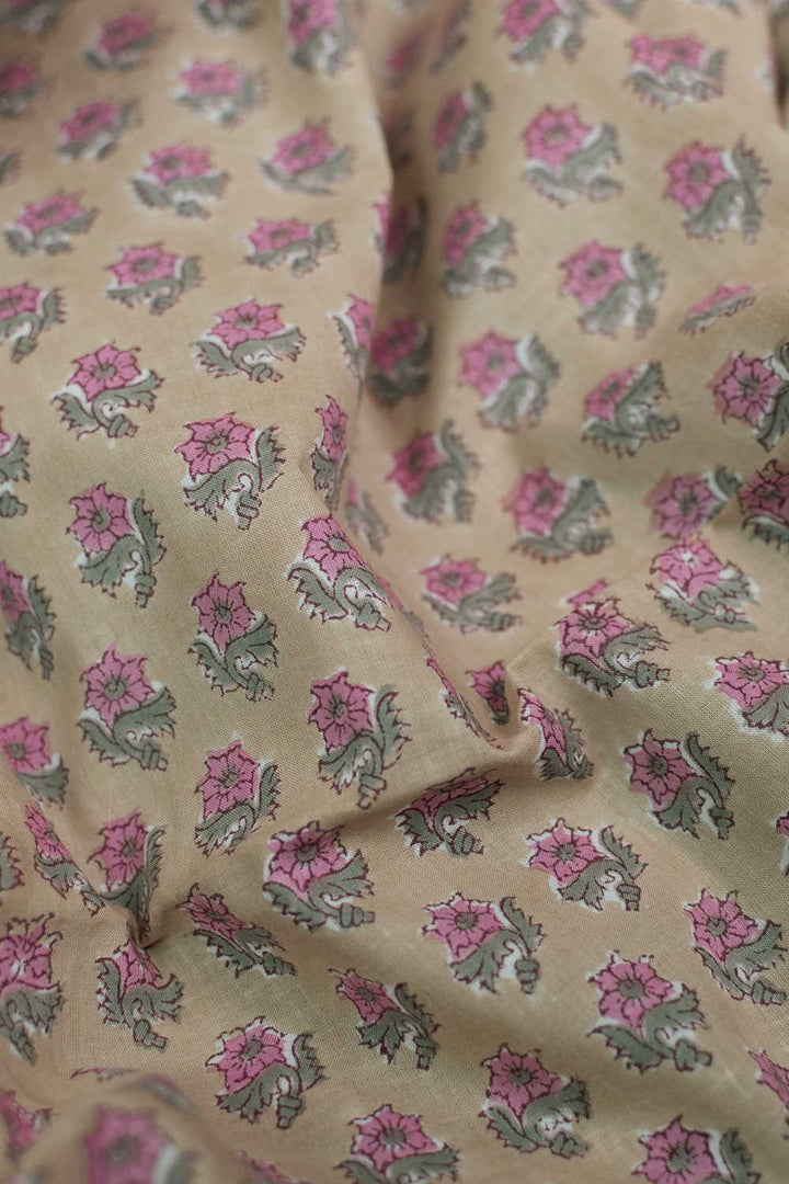 Pink Buttas - Beige Sanganeri Cotton Fabric