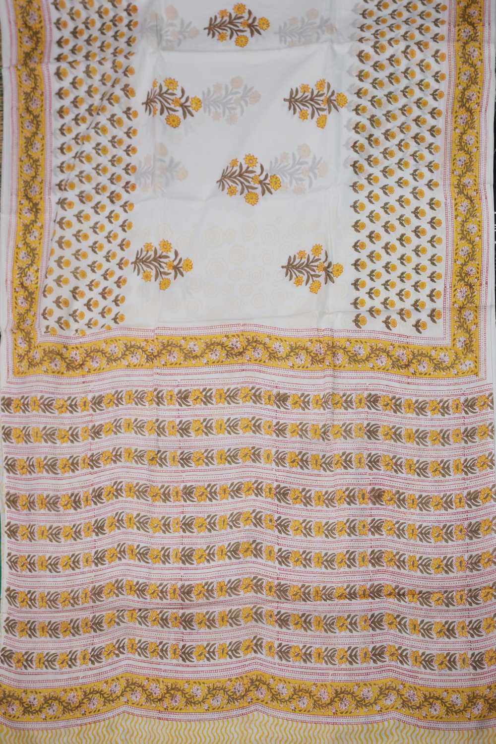 Yellow Florets - Off White Block Printed Mul Cotton saree