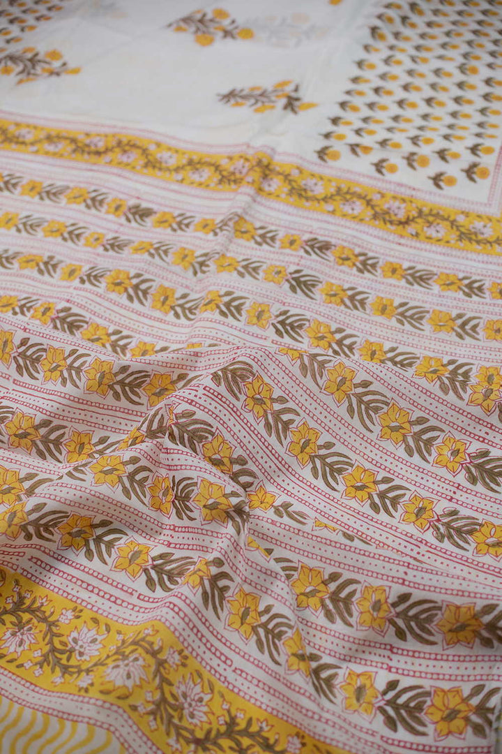Yellow Florets - Off White Block Printed Mul Cotton saree