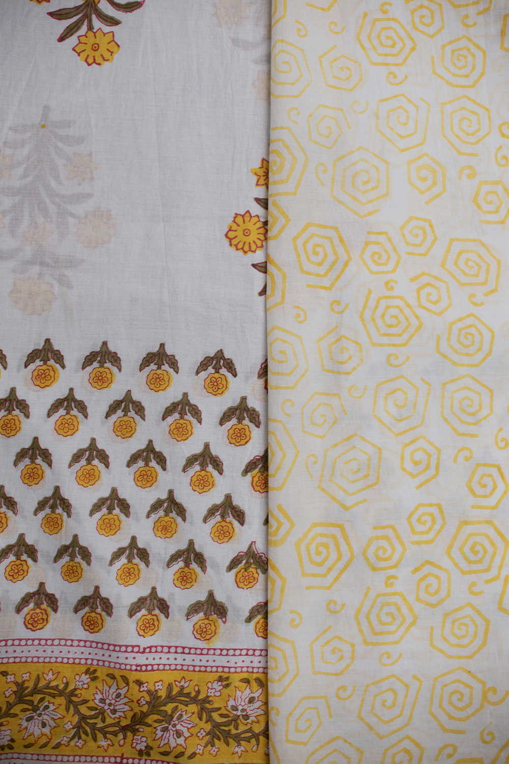 Yellow Florets - Off White Block Printed Mul Cotton saree