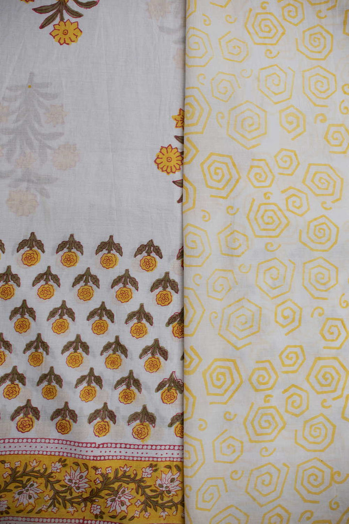 Yellow Florets - Off White Block Printed Mul Cotton saree