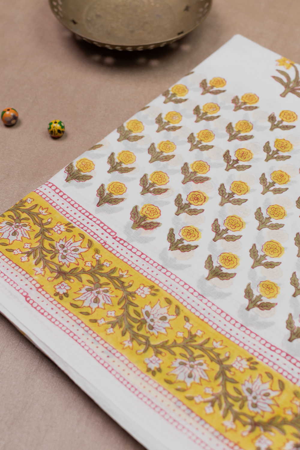 Yellow Florets - Off White Block Printed Mul Cotton saree