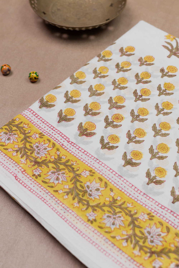 Yellow Florets - Off White Block Printed Mul Cotton saree