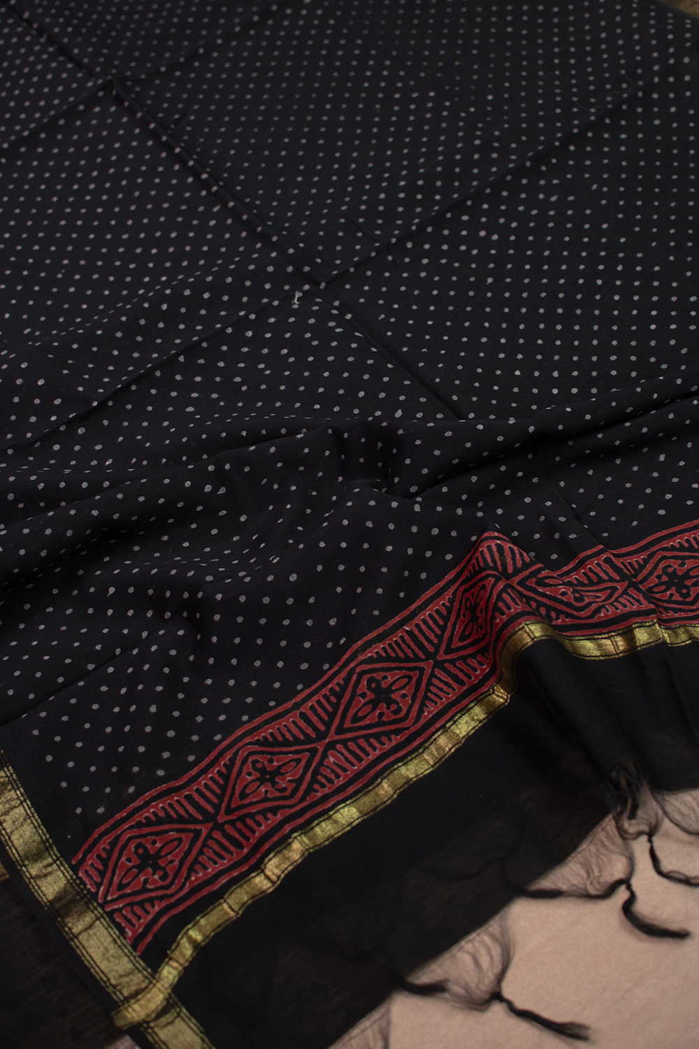 Dots on Black Block Printed Chanderi Dupatta