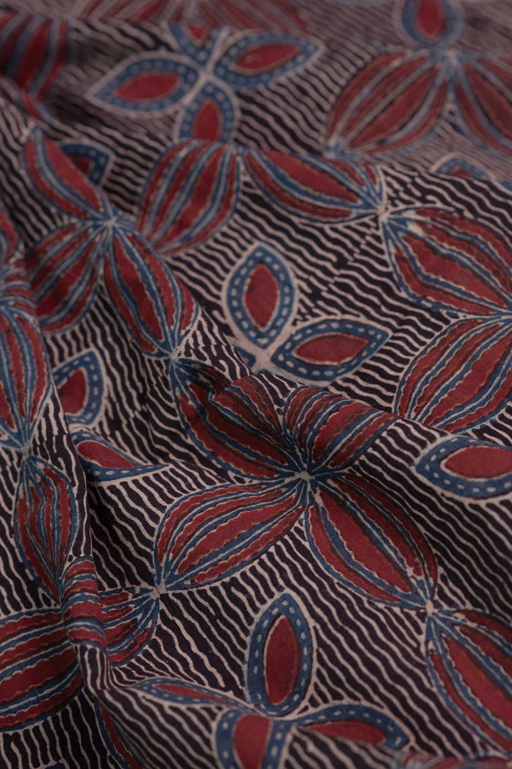 Floral Pattern - Black Ajrak Cotton Fabric