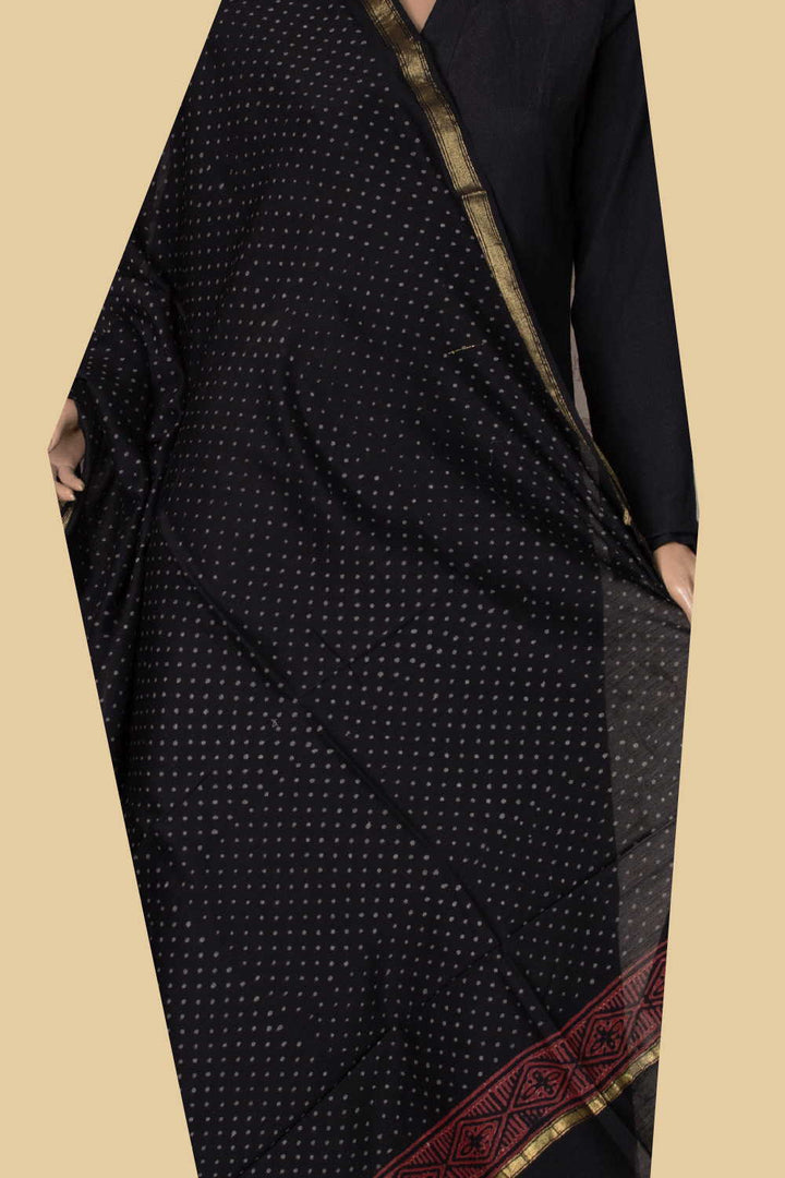 Dots on Black Block Printed Chanderi Dupatta