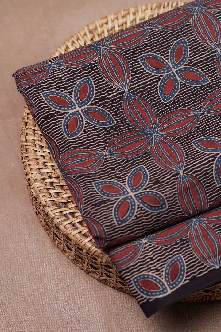 Floral Pattern - Black Ajrak Cotton Fabric