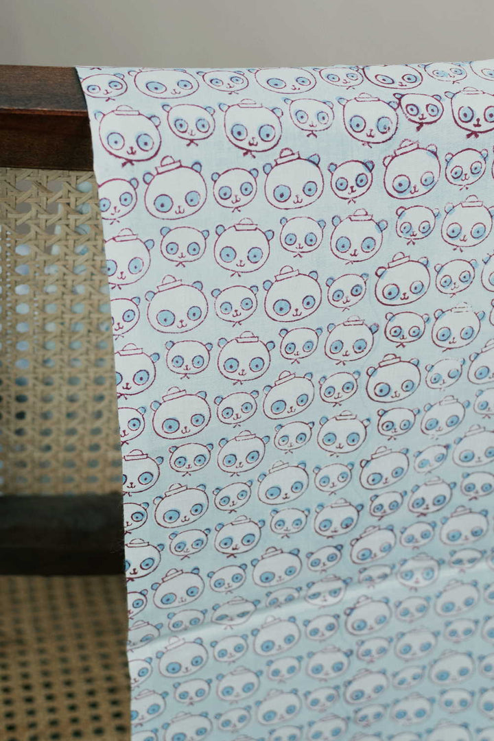 Baby Panda - Blue Sanganeri Cotton Fabric