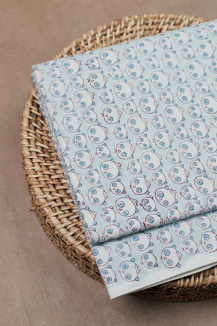 Baby Panda - Blue Sanganeri Cotton Fabric