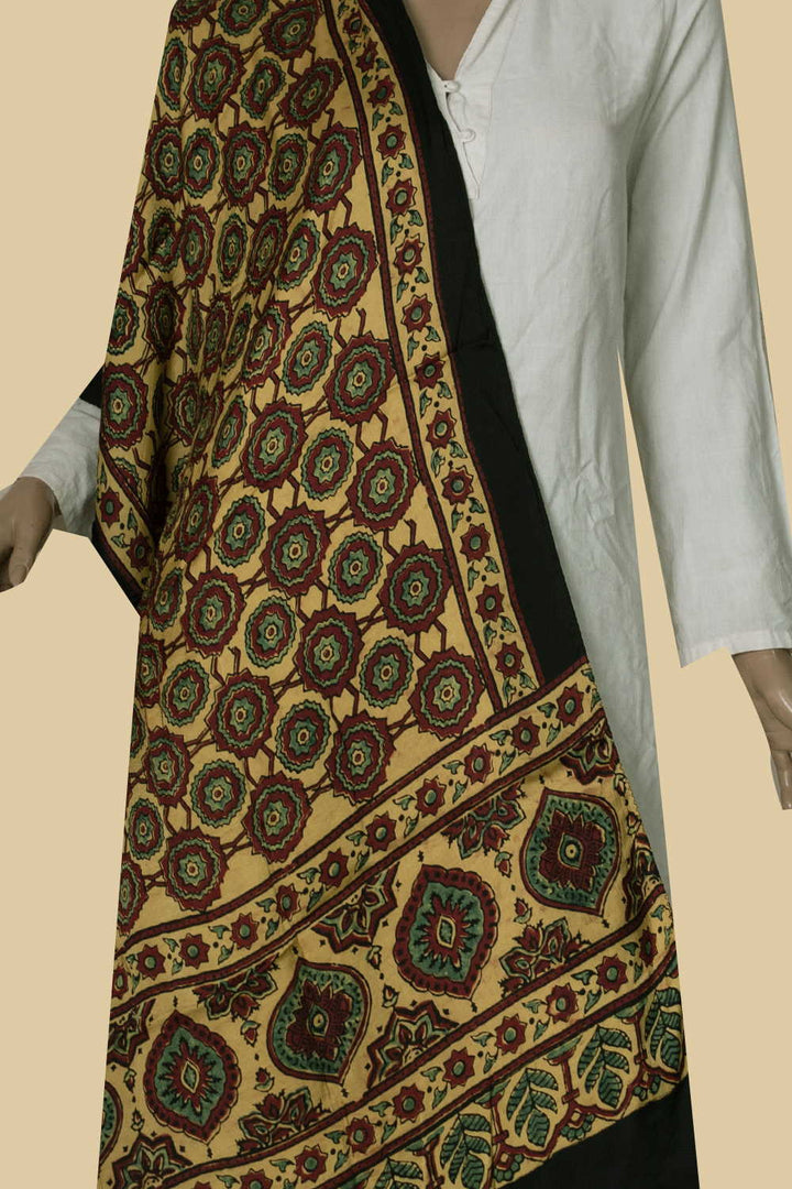 Yellow with Intricate Pattern Ajrak Modal Silk Stole