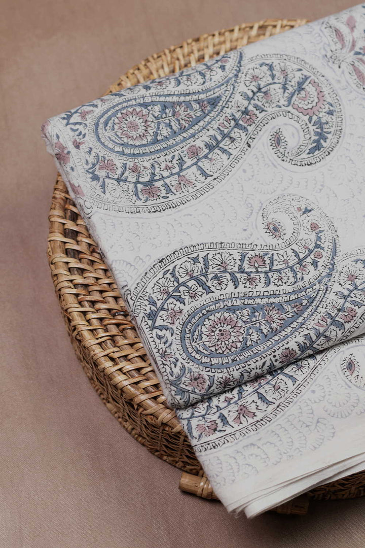 Hand block printed Sanganeri cotton fabric with floral motifs - Matkatus 