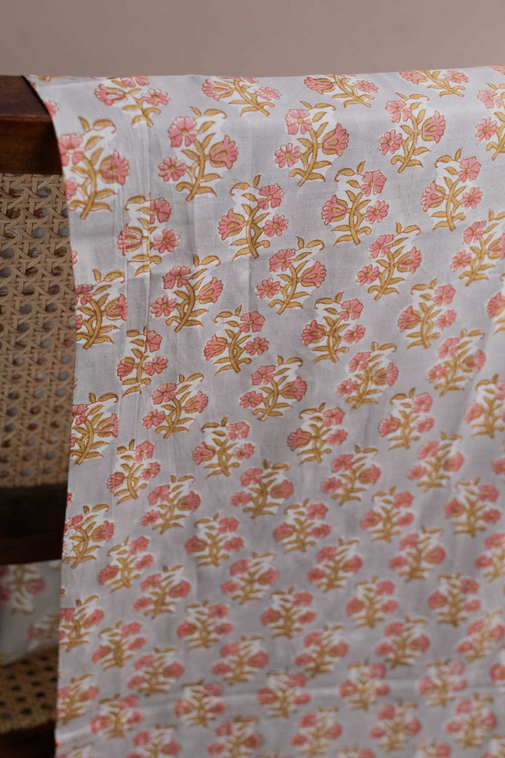 Grey with Butta Floral Sanganeri Cotton Fabric - 0.65m