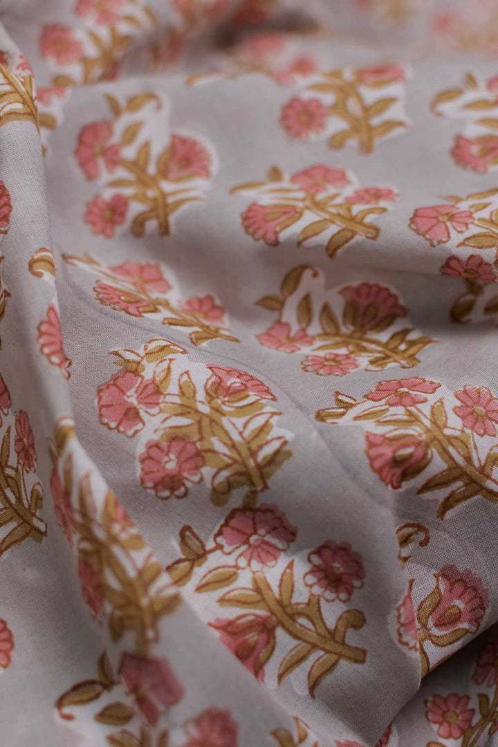Grey with Butta Floral Sanganeri Cotton Fabric - 2m