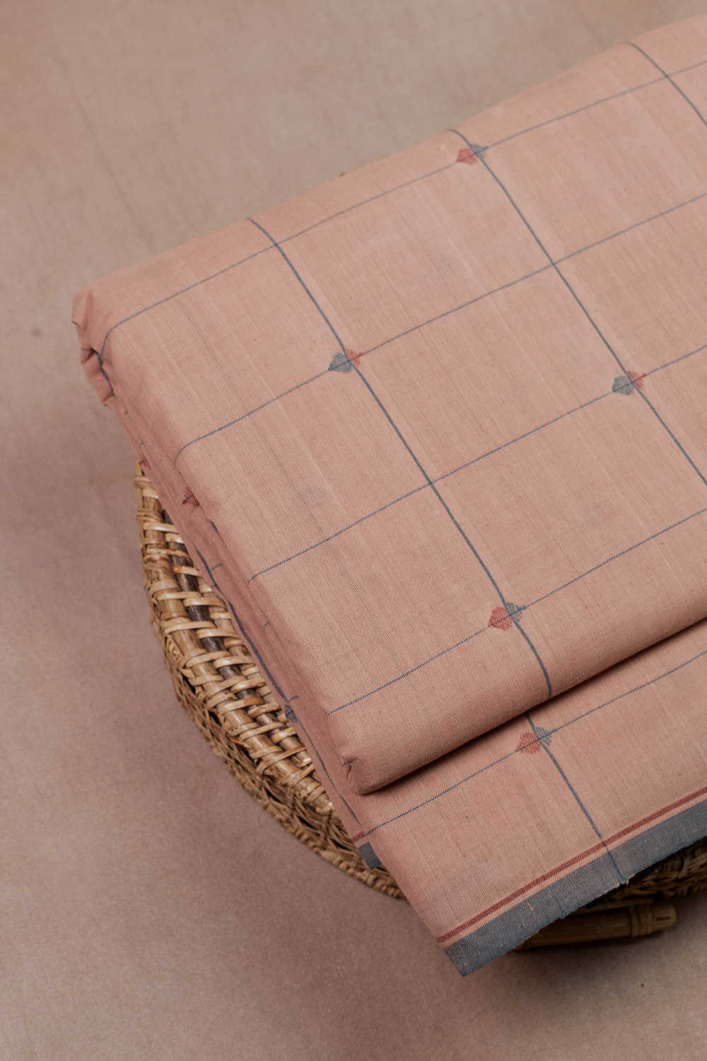 Checks on Peach Handspun Cotton Fabric