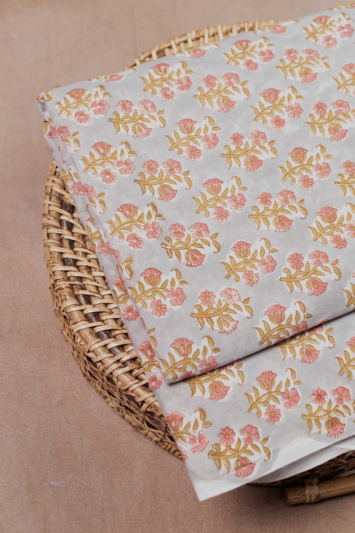 Grey with Butta Floral Sanganeri Cotton Fabric - 2m