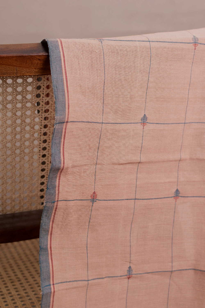 Checks on Peach Handspun Cotton Fabric