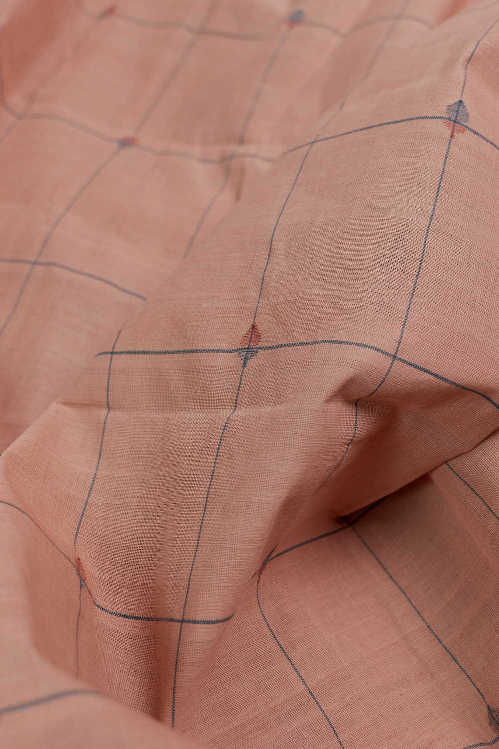 Checks on Peach Handspun Cotton Fabric