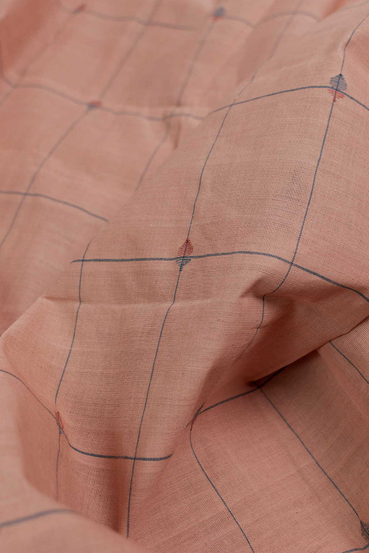 Checks on Peach Handspun Cotton Fabric