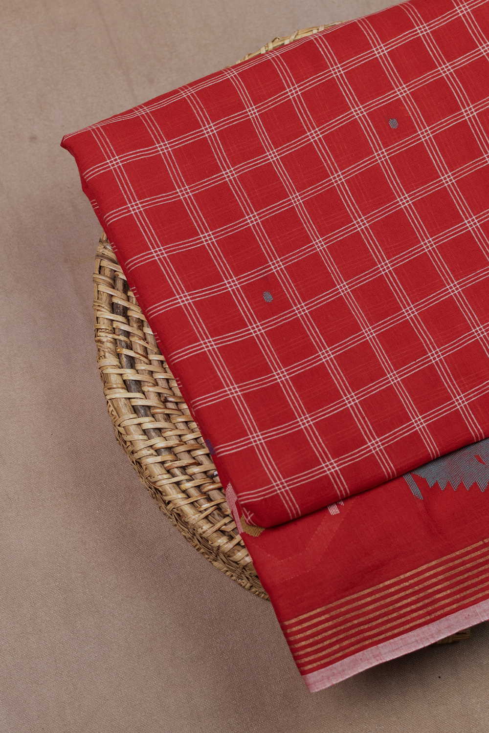 Dark Red Jamdani Border Cotton Fabric - 0.7m