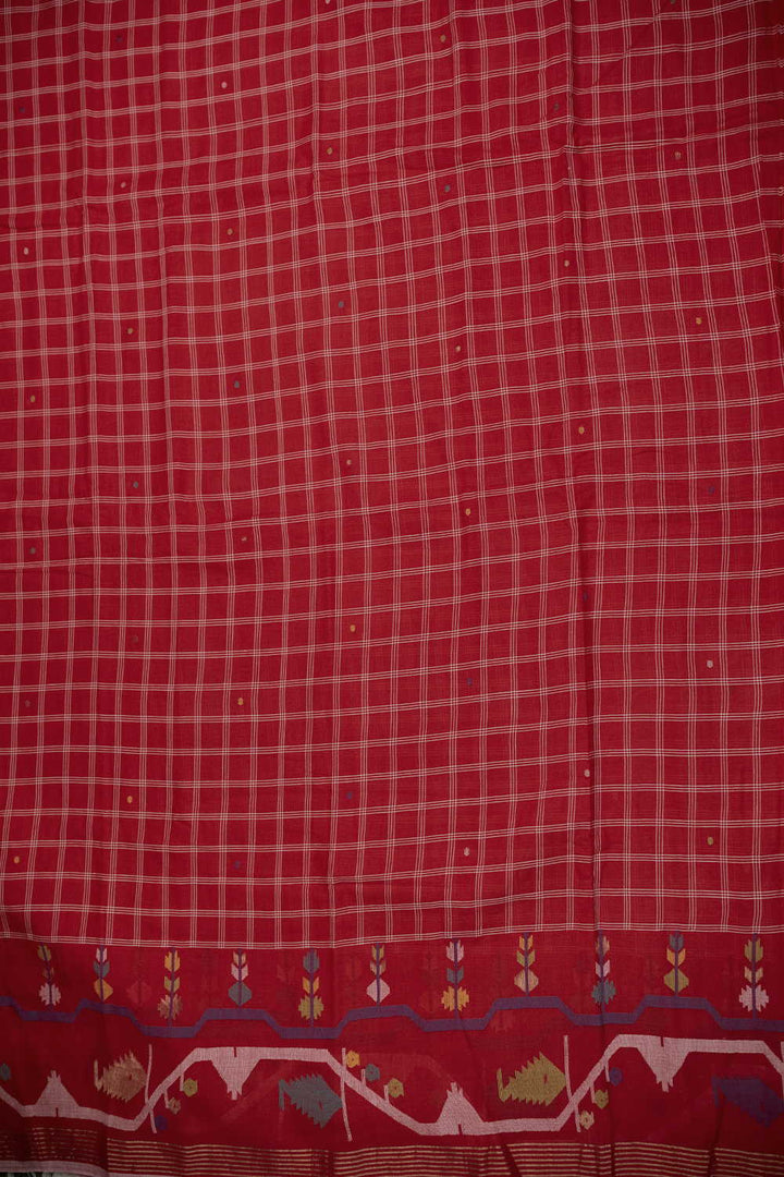 Dark Red Jamdani Border Cotton Fabric - 0.7m
