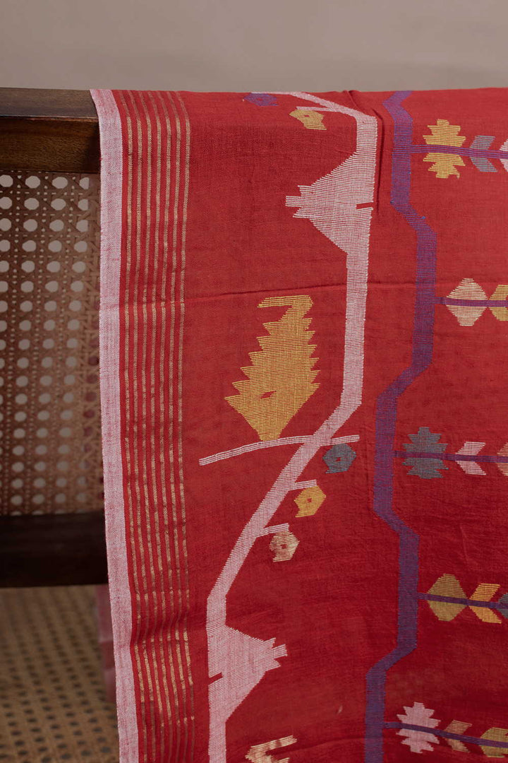 Dark Red Jamdani Border Cotton Fabric - 0.7m