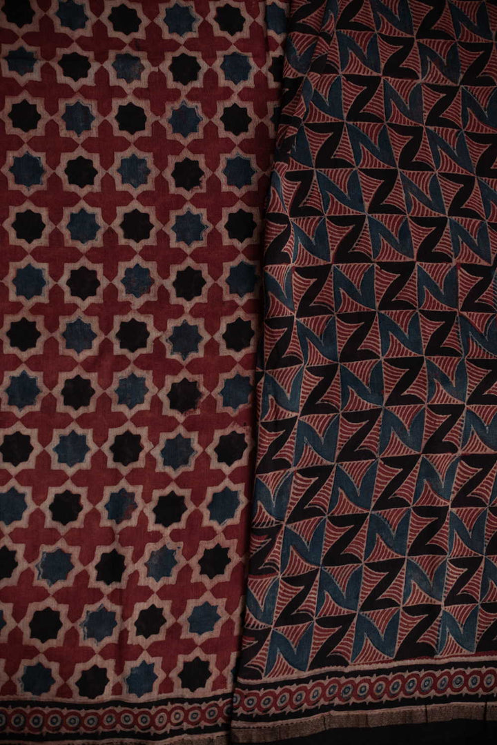 Motifs on Maroon Ajrak Chanderi saree