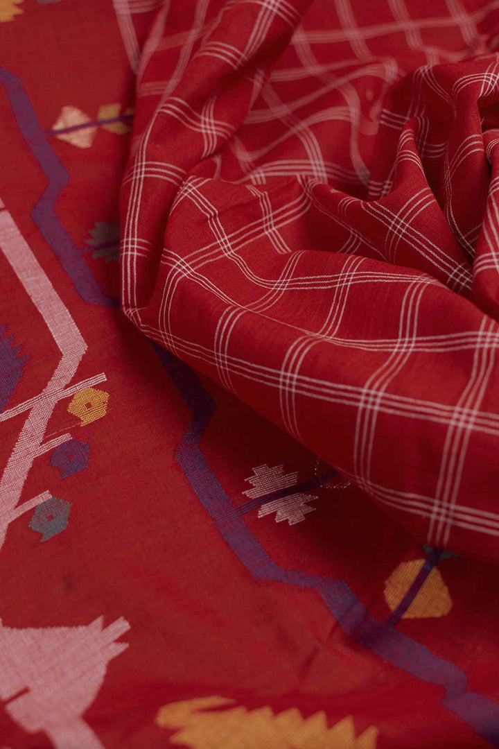 Dark Red Jamdani Border Cotton Fabric
