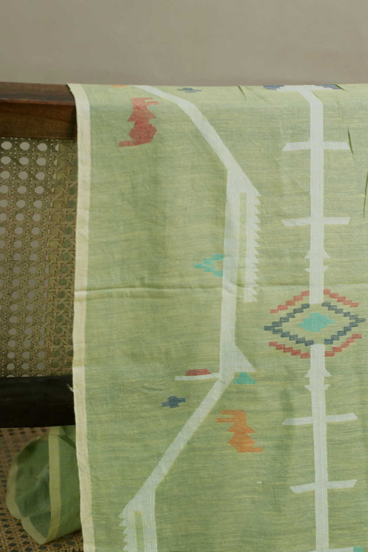 Green Jamdani Border Cotton Fabric