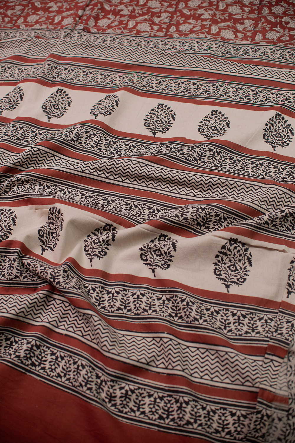 Maroon Garden Block Printed Mul Cotton saree