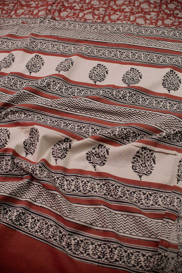 Maroon Garden Block Printed Mul Cotton saree
