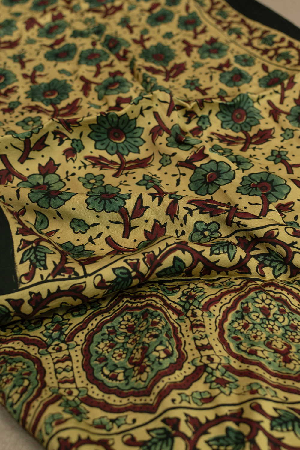 Yellow with Green Floral Ajrak Modal Silk Stole