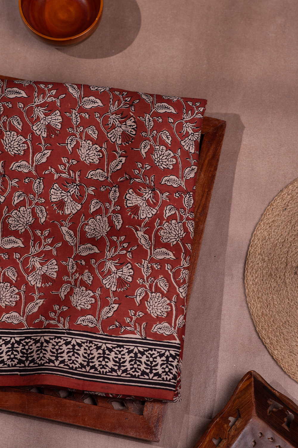 Maroon Garden Block Printed Mul Cotton saree