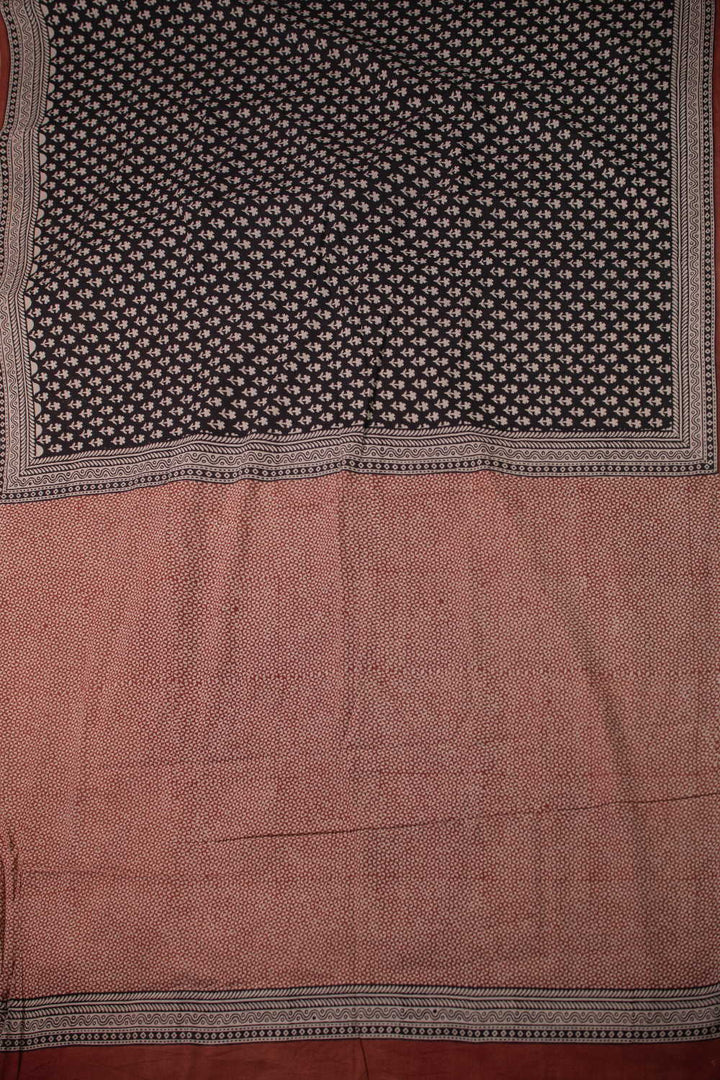 Florets on Black Block Printed Mul Cotton saree