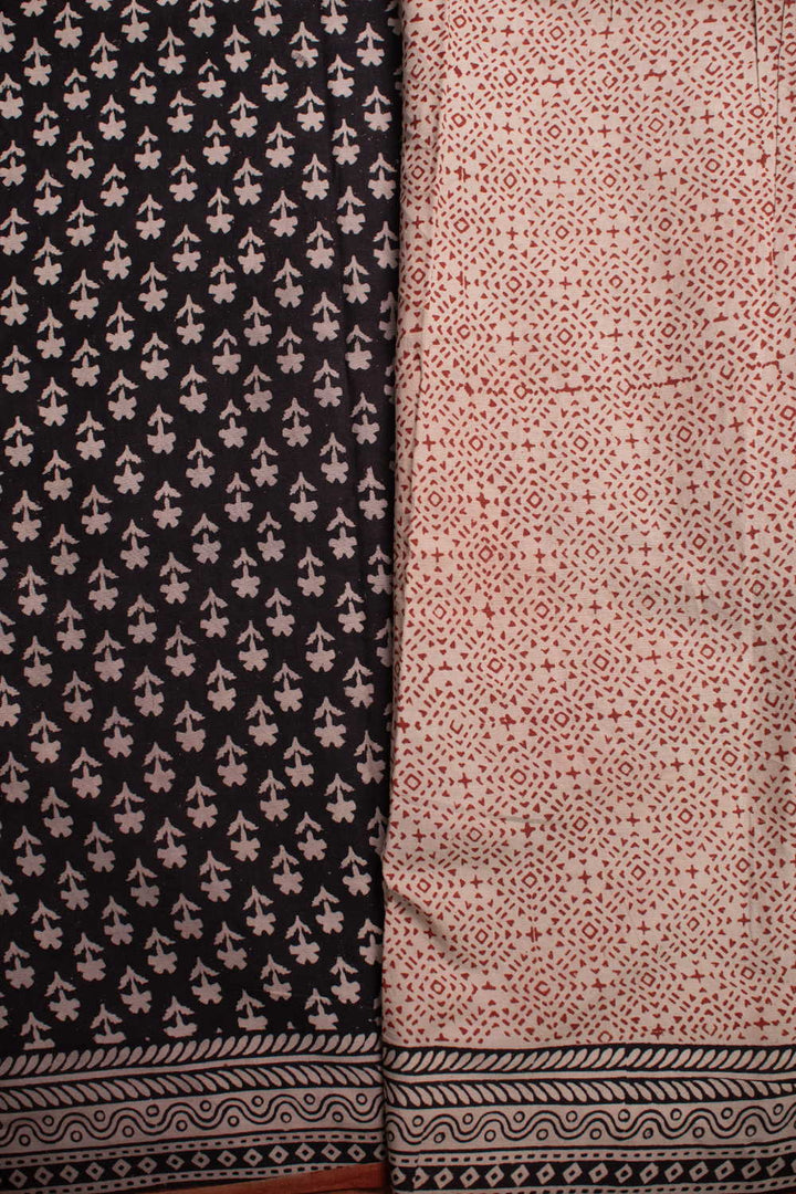 Florets on Black Block Printed Mul Cotton saree
