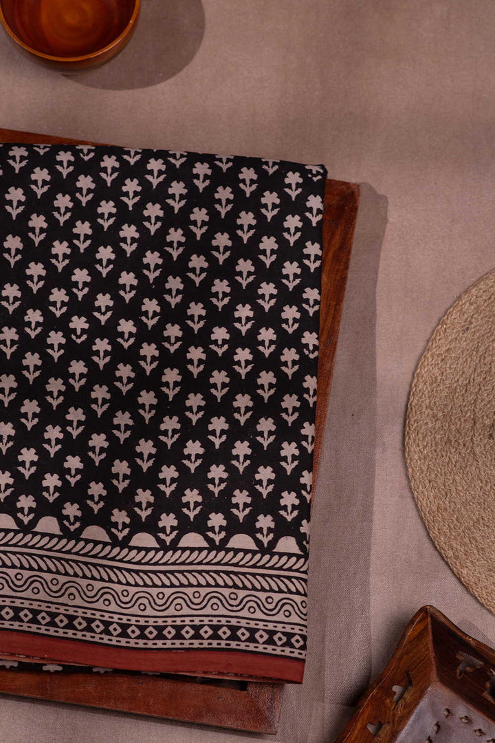 Florets on Black Block Printed Mul Cotton saree