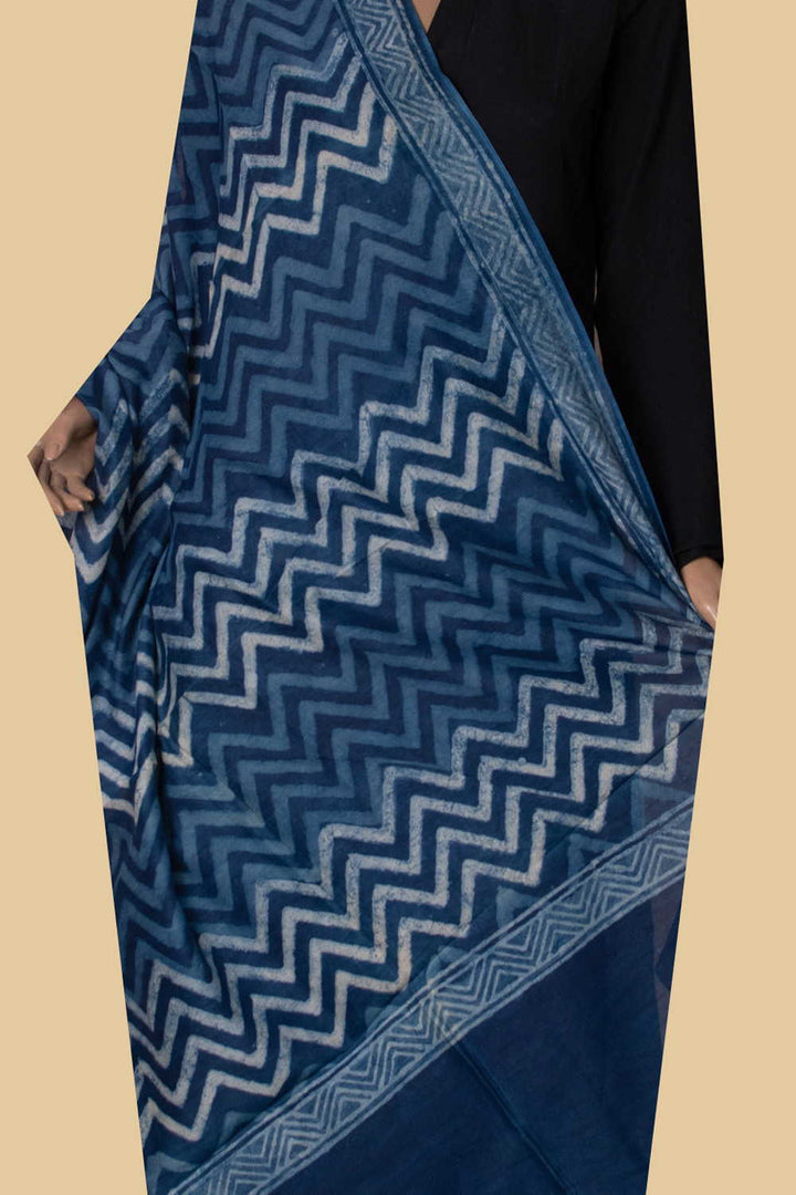 Indigo Block Printed Chanderi Dupatta