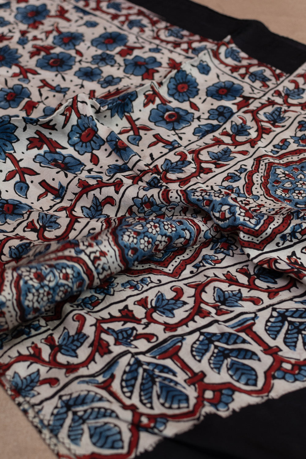 Indigo Floral on Cream Ajrak Modal Silk Stole