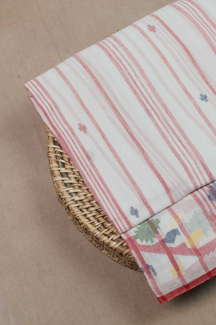 Cream with Stripe Jamdani Border Cotton Fabric