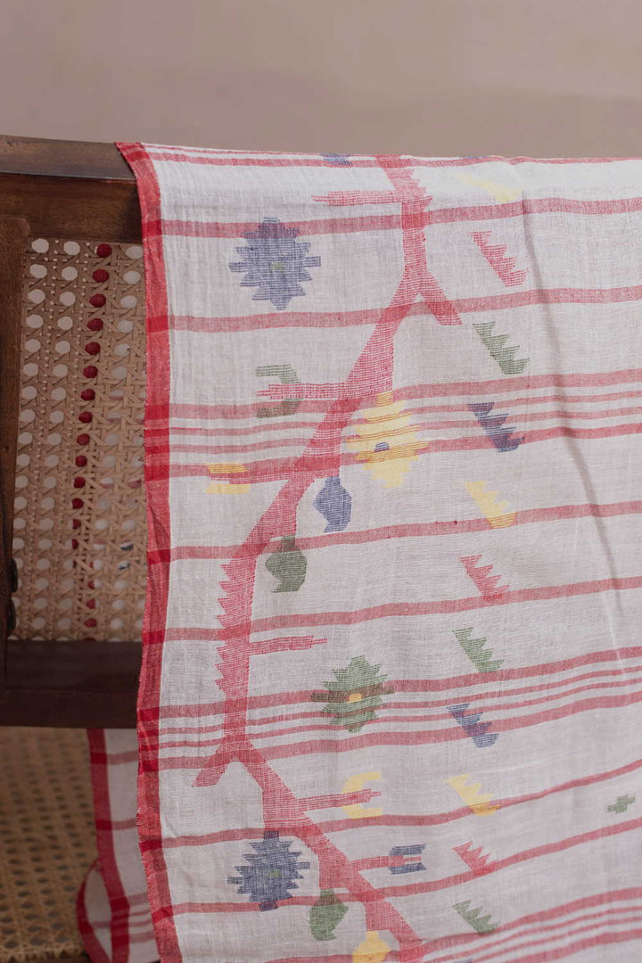 Cream with Stripe Jamdani Border Cotton Fabric
