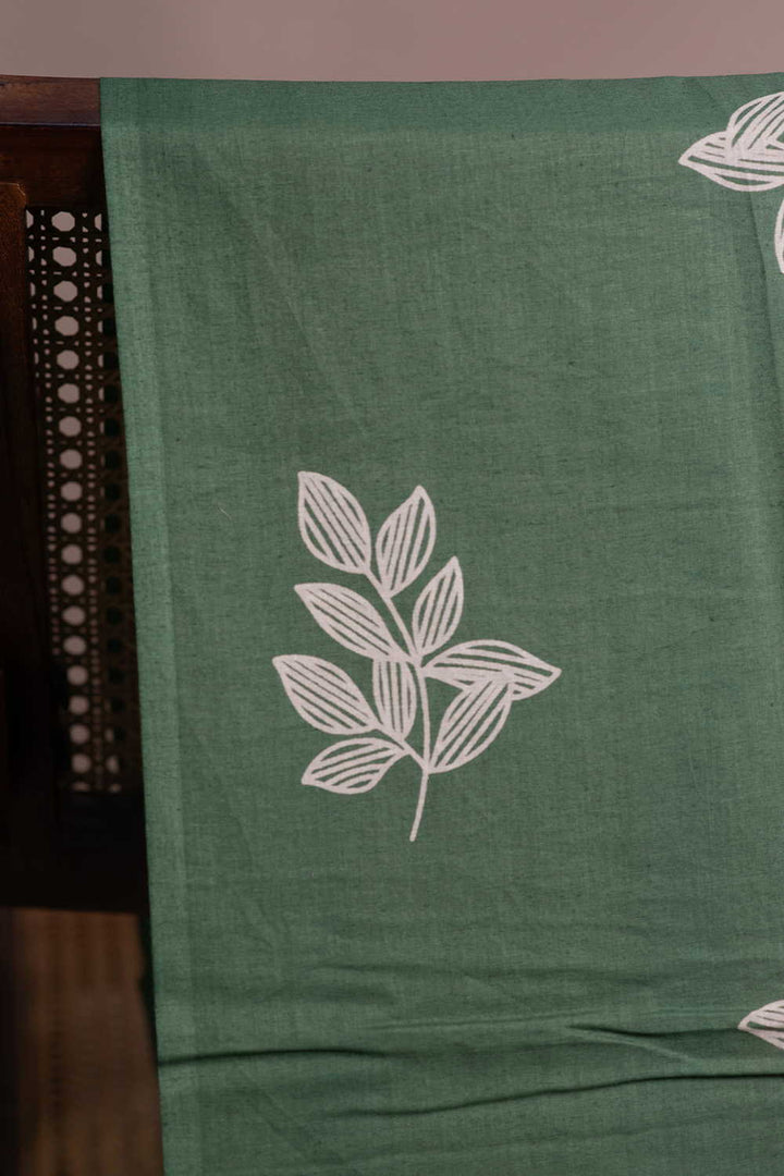 Leaf Motifs on Green Block Printed Cotton Fabric