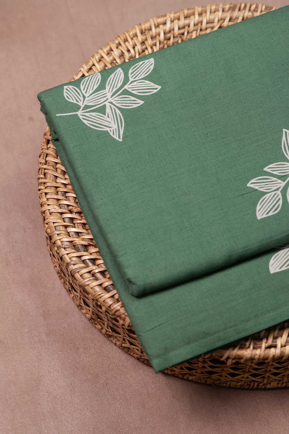 Leaf Motifs on Green Block Printed Cotton Fabric
