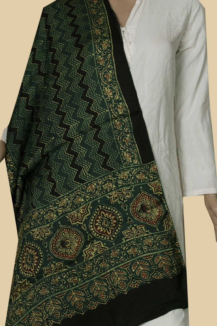 Patterned on Green Ajrak Modal Silk Stole