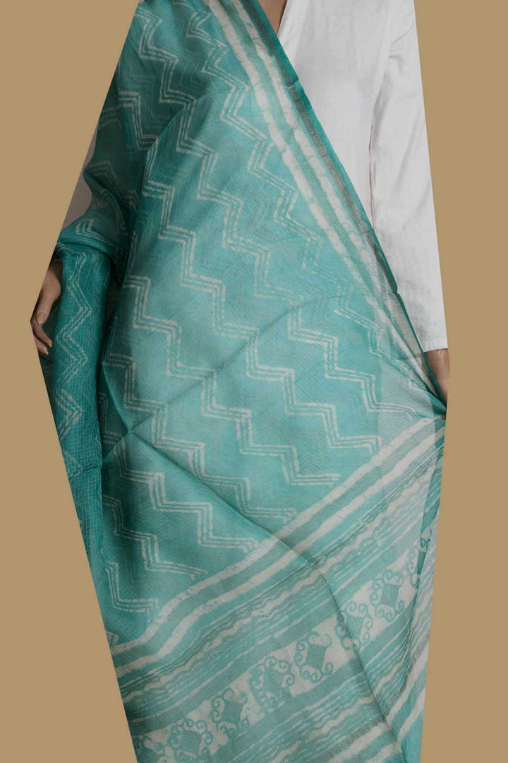 Chevron on Green Block Printed Kota Silk Dupatta