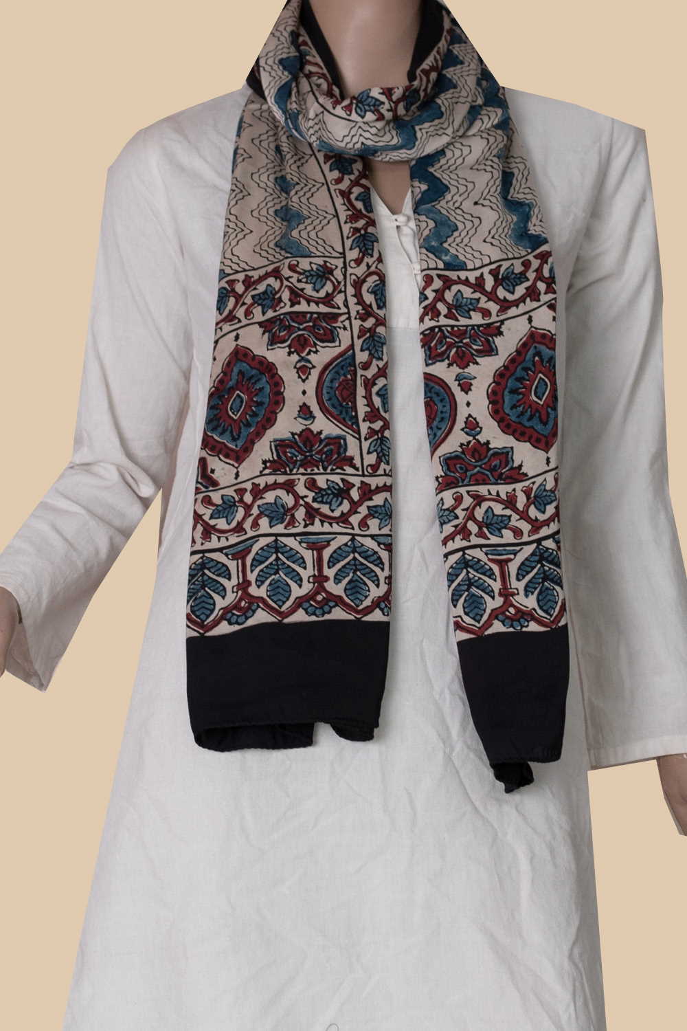 Cream Ajrak Modal Silk Stole