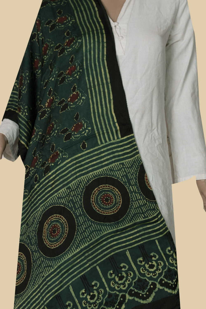 Deep Green Ajrak Modal Silk Stole