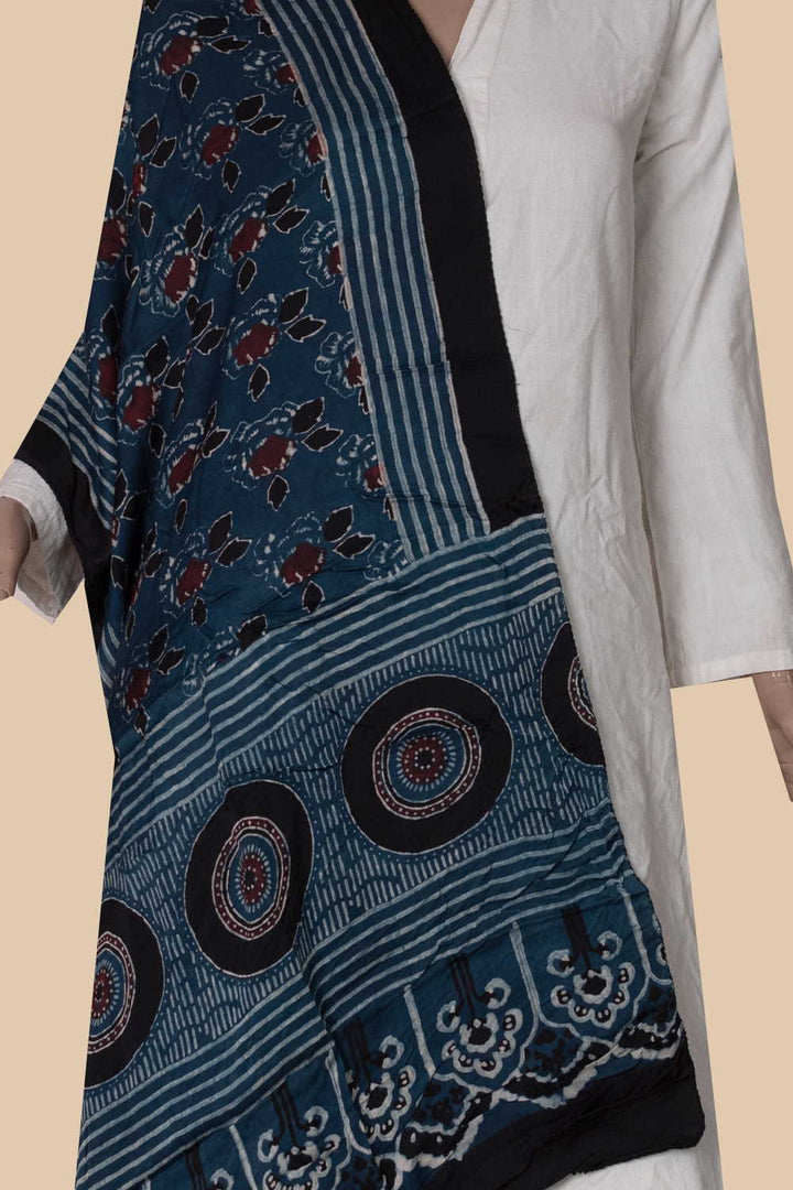 Flower Butta on Indigo Ajrak Modal Silk Stole