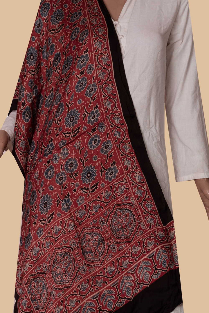 Maroon Garden Ajrak Modal Silk Stole