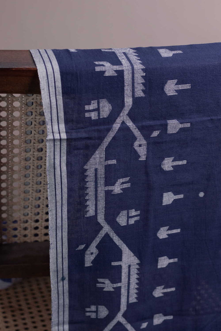 Blue with Bordered Jamdani Cotton Fabric - 0.5m